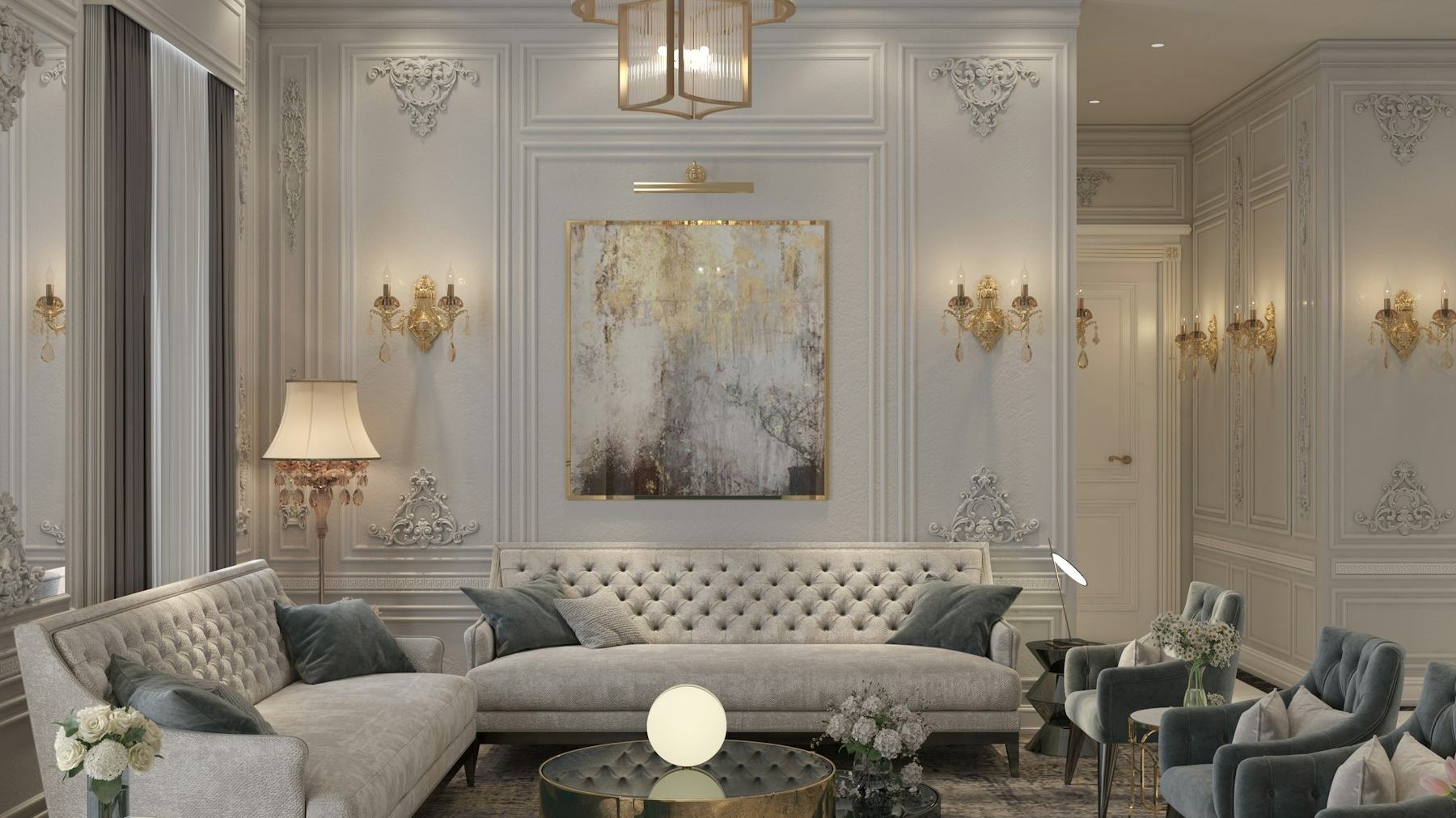 Living room with white sofa and wooden table