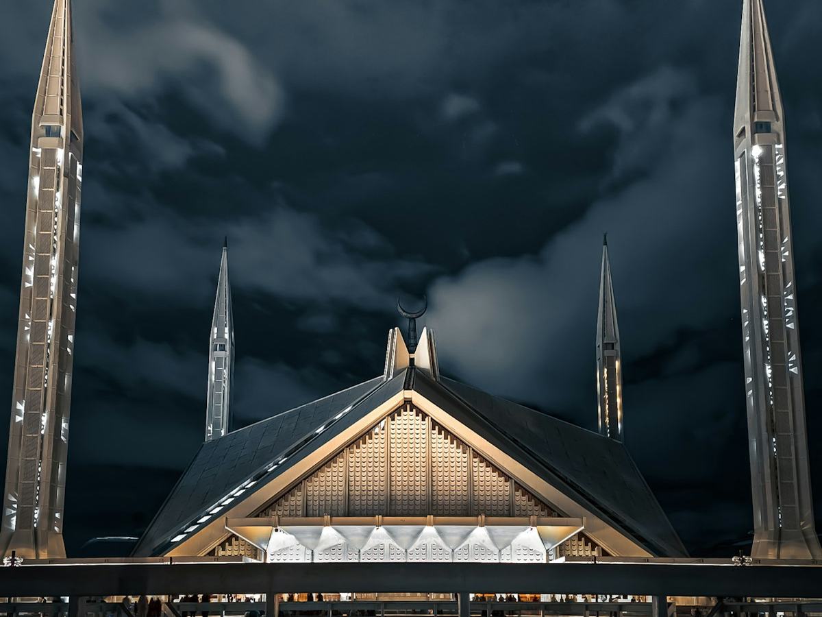 Faisal Mosque illuminated at night